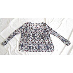 Cape Juby Sz M Floral Blouse Top Red Blue Boho Peasant Style V-Neck Flowy (WB7)